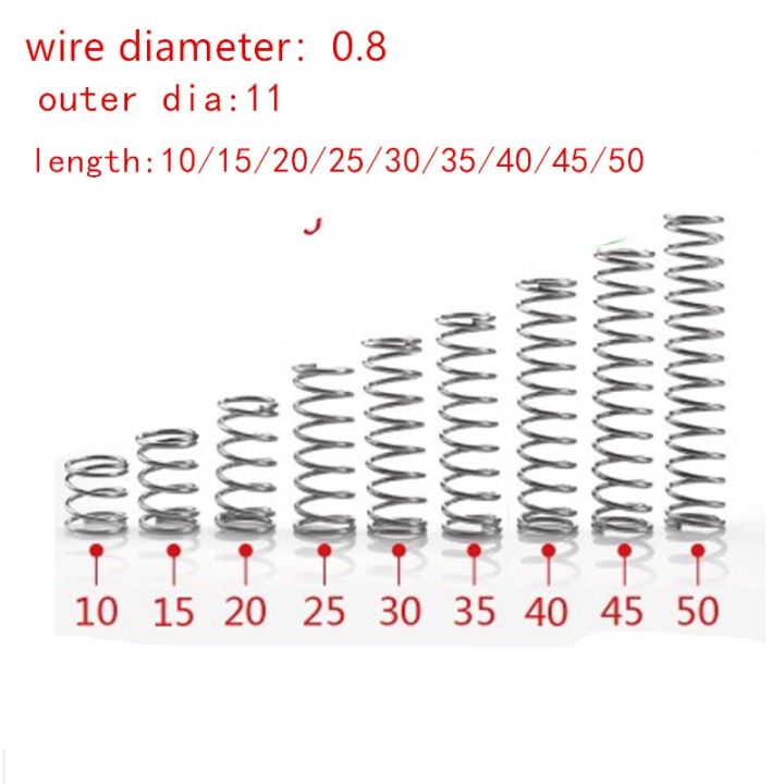 【Worth-Buy】 20ชิ้น/ล็อต0.8มม. 0.8X11สเตนเลสสตีลสายไฟสปริงอัดเส้นผ่านศูนย์กลาง0.8มม. เส้นผ่านศูนย์กลางภายนอก11มม. ยาว10-50มม