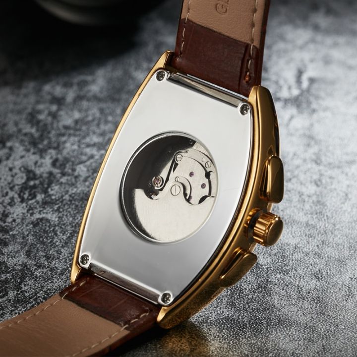 นาฬิกาข้อมือไขลานเองย้อนยุคกรอบดวงจันทร์นาฬิกาจักรกลข้อมือชายแบบอัตโนมัติหรูหราตัวเรือนหนัง