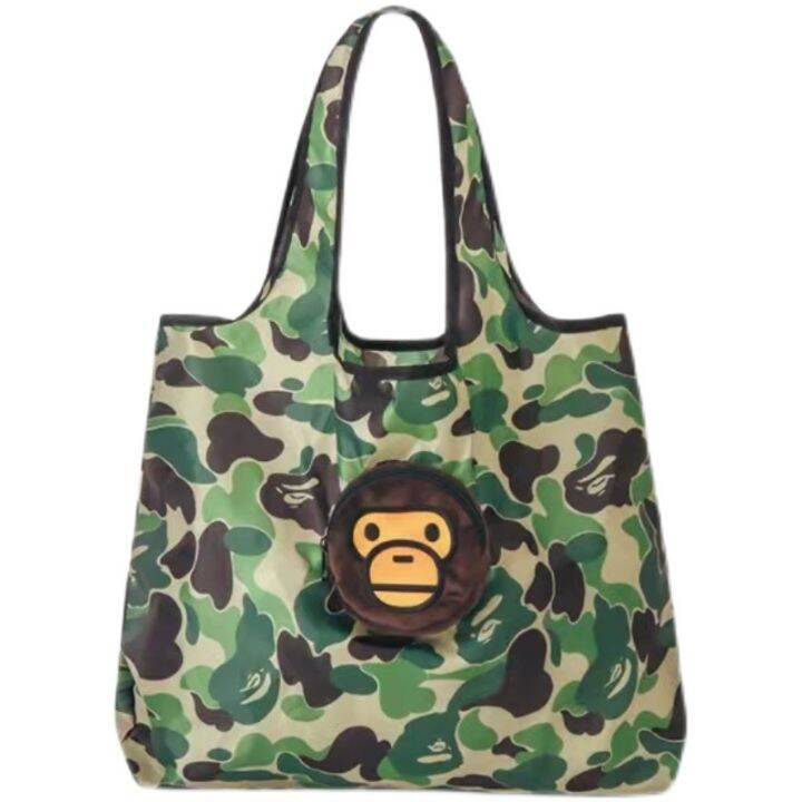 bape-สะพายไหล่ข้างเดียวสีเขียวสำหรับผู้ชายกระเป๋าถือสองชิ้นกระดุมแบบกดติดถุงผ้าสำหรับชอปปิ้งกระเป๋าทรงกลมขนาดเล็ก