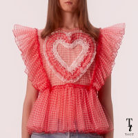 TandT - HEART-ON-TOP GINGHAM TULLE ANGEL SLEEVES PEPLUM TOP เสื้อแขนกุดตัดต่อรูดระบายใต้อก รูดระบายหัวใจ ผ้าตาข่ายลายสก็อต