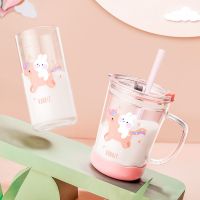 Children Glass Water Cup Cute Cartoon Toddler Drink Mug With Straw Leak-Proof Rabbit Milk Bottle Kids Scale Safety Milk Tumbler