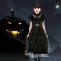 Black Halloween Costumes Dress Halloween Costumes Addams Dress Black Dress up Costume Dress Set Girls Costumes with Belt Dress Sock Gloves rational