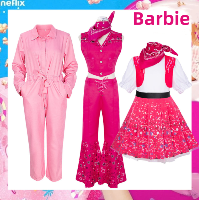 2023 Movie Barbie Cosplay Costume Pink Dress Jumpsuit Necklace Woman Party Halloween Kid Adult Role Play