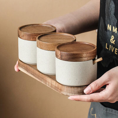 Kitchen Ceramic Seasoning Jar with Wooden Lid and Spoon Salt Pepper Bottle Storage Organization Food Container Kitchen Supplies