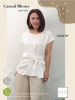 VIRIN clothing เสื้อผ้าแฟชั่น เสื้อลินิน รุ่น Casual Blouse Linen อก 39 คอกลมปาด แขนสั้น ผูกเอว สีพื้น ผ้าลินิน แท้ 100% งานไทย Made in Thailand เก็บเงินปลายทาง