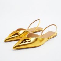 Womens Shoes 2022 ZARAˉSummer New Gold Buckle Pointed Toe Slingback Flat Muller Shoes Low Mouth Womens Sandals