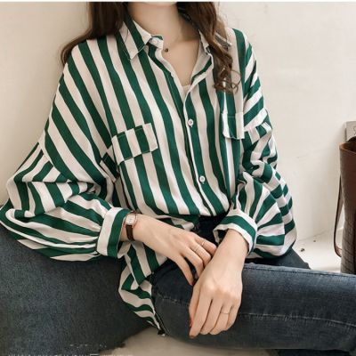 [Spot] Striped shirt womens long-sleeved top 2022 spring, summer and autumn plump girls large size loose base shirt fashion 2023