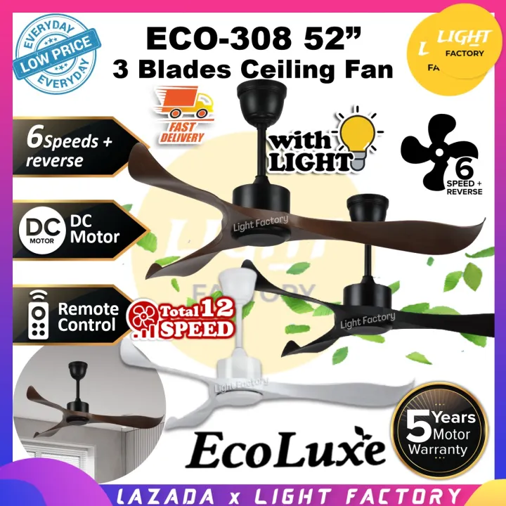 ECOLUXE ECO308 52" DC Motor 3 Blades 6 Speeds Remote Control Ceiling