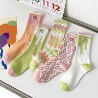 ถุงเท้าพิมพ์ลายตาราง ทรงสี่เหลี่ยมขนมเปียกปูน สีแคนดี้Macaroon womens socks cotton thin sports socks