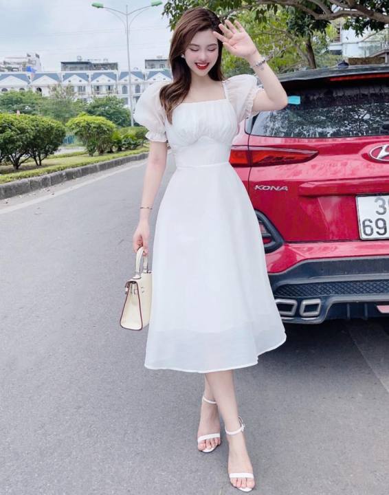 Mua Váy nữ đầm babydoll cổ nơ  Màu đen trắng  dáng xoè tay phồng kiểu  dáng Hàn Quốc  Tiki