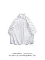 Summer Japanese vertical stripe short-sleeved shirt mens trendy brand retro loose casual all-match shirt jacket 【BYUE】