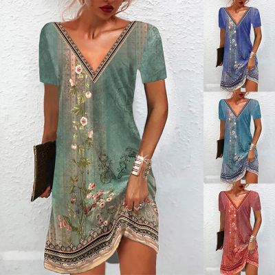 Women Retro Ethnic Style Dress Summer V Neck Floral Print Short Sleeve Dresses Female Casual Holiday Beach Loose Dress Vestidos