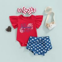 Citgeett Summer Independence Day Infant Baby Girls Outfits Short Sleeve Letter Print Romper + Shorts + Headband Clothes Set  by Hs2023