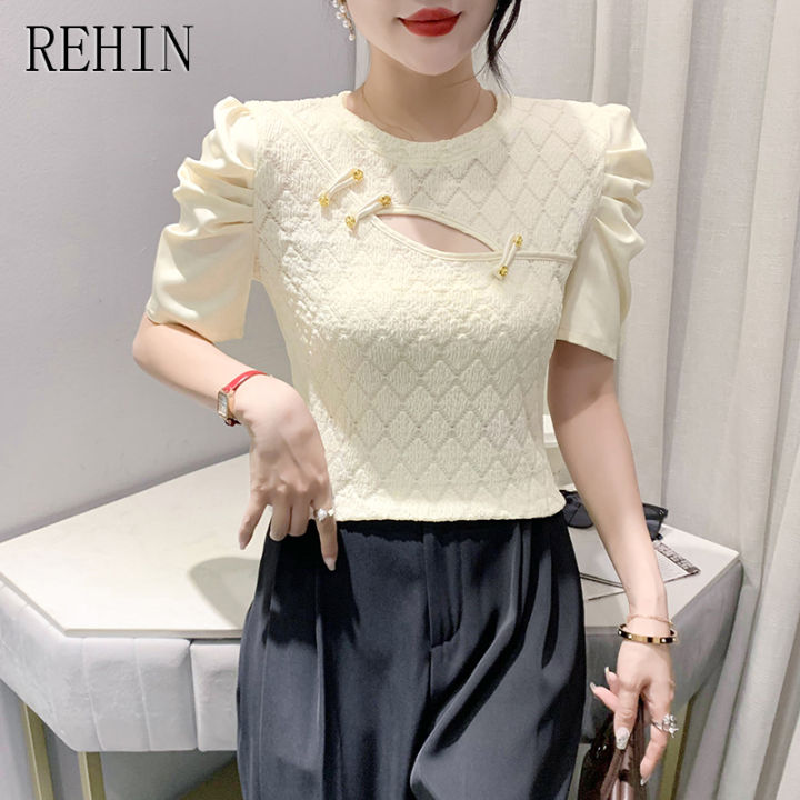 rehin-เสื้อยืดผู้หญิงแขนสั้นมีรอยยับ-คอกลมเสื้อหรูหราบางเฉียบฤดูร้อน