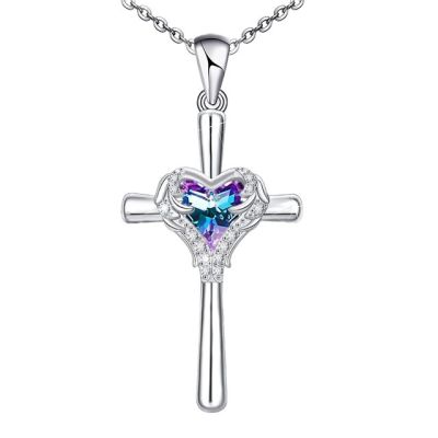 JDY6H Fashion Women Heart Crystal Angel Wings Cross Pendant Necklace Engagement Necklaces for Women Stainless Steel Jewelry Party G