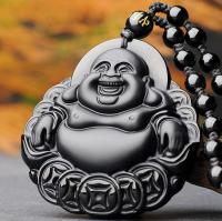 Natural Obsidian Money Buddha Pendant Necklace China Hand Carved Fashion Jewelry Accessories Gifts for Men and Women