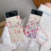 For Samsung Z Flip 4 Case Floral Transparent Folding Phone Case with Bracelet For Samsung Z Flip 3 5G ZFlip4 Hard PC Back cover