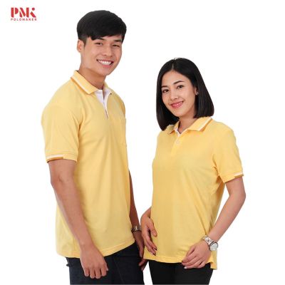 MiinShop เสื้อผู้ชาย เสื้อผ้าผู้ชายเท่ๆ เสื้อโปโล สีเหลือง ขลิบขาว-ทอง PK100 - PMK Polomaker เสื้อผู้ชายสไตร์เกาหลี