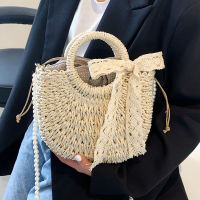 Pearl Chain Crossbody Handbags for Women Straw Weave Shoulder Bag New Hoppet Tote Bag Summer Beach Woven Ladys Messenger Bag Sac