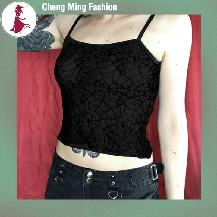 cheng-ming-เสื้อสายเดี่ยวลายดอกไม้ผู้หญิงอินเทรนด์-เสื้อเด็กแขนกุดเข้ารูปพอดีพิมพ์ลายใยแมงมุมสำหรับงานปาร์ตี้ธีมคอนเสิร์ต