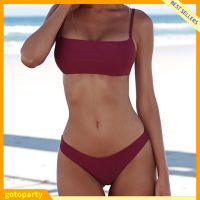 SwimBikini Set Bandeau Solid Color Two Pieces Set Women Push Up Briefs Swimwear Bathing Suit for Water Activity