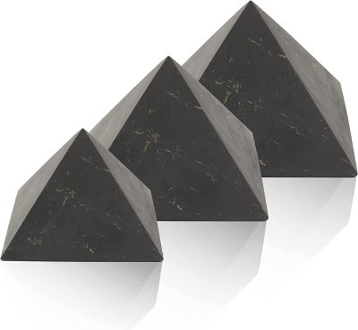 Heka Naturals Unpolished Shungite Black Stone Pyramid Set of 3 | 2+3+4 Inch - Desk Decor Shungite Stone for Home or Office - Chakra Stones, Healing Crystals, Meditation Pyramid 2, 3 and 4 Inch Pyramids, Unpolished (Set of 3)