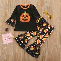 [COD] European and childrens medium-sized girls long-sleeved cartoon pumpkin ghost face T-shirt printed bell-bottom suit