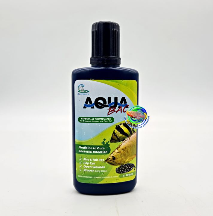 aqua-bac-100-ml-รักษาอาการติดชื้อแบคทีเรีย-เกล็ดพอง-แผลติดเชืัอ-สำหรับปลาสวยงาม-ปลามังกร-ปลากระเบน-เสือตอ