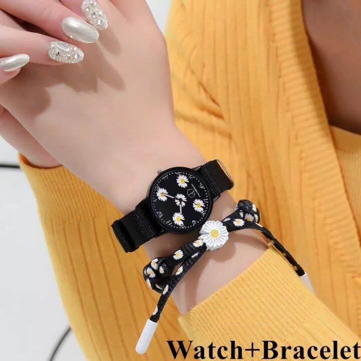 Jam Tangan Quartz Simple Motif Bunga Daisy Kecil Dengan Strap Kanvas