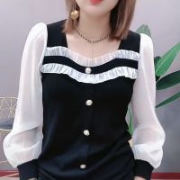 Square Neck Blouse Women Long Sleeve Shirt Korean Style Fashion Slim Elegant Black Top