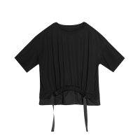 Black Ruffles Patchwork Ribbon T-Shirt Women New O-Neck Short Sleeve Loose Casual Tee Tshirt Tops Fashion Spring Summer