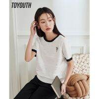 Toyouth Women T-shirt 2023 ฤดูร้อนแขนสั้น O คอยืดหลวม Knitwear ปัก Hollow-out White Casual Chic Tops✿