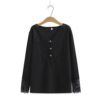 【มีไซส์ใหญ่】Plus Size Black Grey Crochet&amp;Lace Tops Women Long Sleeved Casual Slim Shirts Oversized Tee