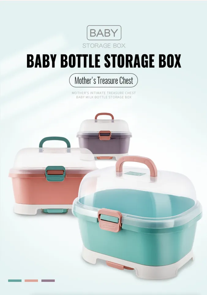 Infant Milk Bottle Storage Box With Lid And Dust-proof Water Cup Drain Rack,  Baby Bowl & Cutlery Organizer Plastic Container