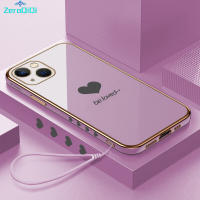 เคสโทรศัพท์ ZeroQiQi สำหรับ iPhone 15 Plus 15 Pro 15 15 Pro Max กรอบขอบสี่เหลี่ยมหัวใจคนรักฟรีสายคล้องชุบเคสโทรศัพท์เคสโทรศัพท์นิ่มสุดหรู