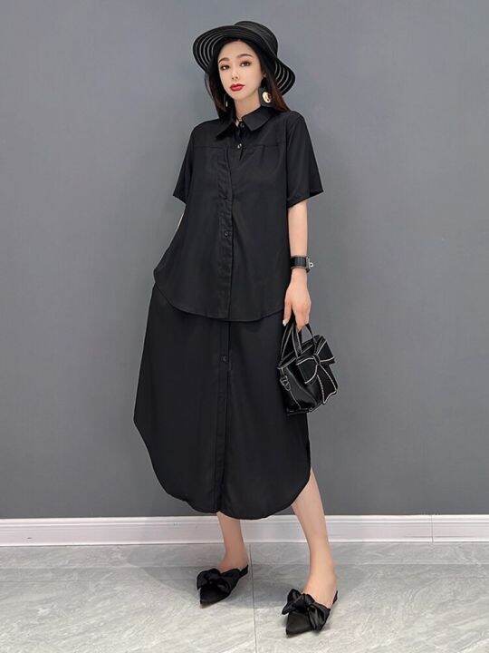 xitao-dress-women-loose-false-two-pieces-shirt-dress