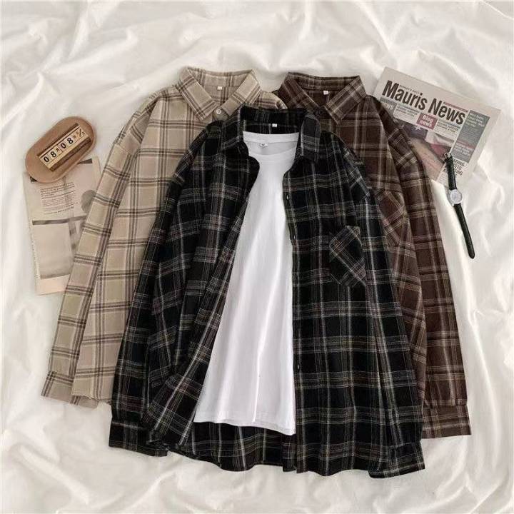 vintage-women-plaid-shirts-loose-oversize-long-sleeve-button-up-fall-shirt-casual-pocket-female-tops-korean-black-tops