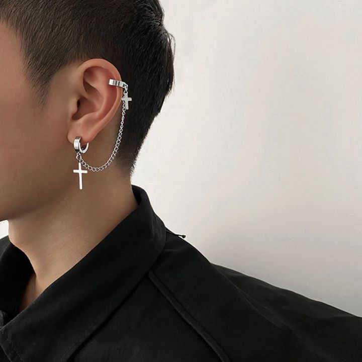 ZIBUYU Earrings for Men and Boys BTS Clip On Hoop Earrings for Women  Stylish Titanium Steel Hoop Pendent Chain Earrings Hiphop Pendent Hoop  Earrings Korean Hoop Earring 1 Pair