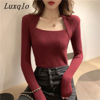 Luxqlo เสื้อยืดคอวีแขนยาวสำหรับผู้หญิง,ใหม่เสื้อยืดถักทรงสี่เหลี่ยมขนาดใหญ่ลำลองแฟชั่นฉบับภาษาเกาหลี