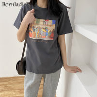 Bornladies Oil Painting Print T-shirt Women Short Sleeve Loose 100 Cotton Shirt 2022 Female Basic Tops Summer Ladies Tees femme