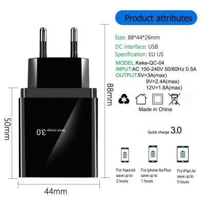 4 Ports Quick Charge QC 3.0 USB Charger Fast Charging Wall Charger Compatible with Android phone Samsung Xiaomi EU UK US ID PH TH MY VN SG Plug Phone Charging Adapter