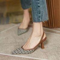 HOT★Womens Pumps Plaid Slingbacks Pointed Toe Sandals Plaid Suide Mid Heels Dress Shoes OL Office Lady Shoes Women Designers 9771N