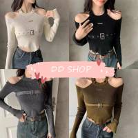 DD SHOPพร้อมส่ง BKHY252 เสื้อไหมพรมแขนยาว เปิดไหล่ ดีเทลแต่งเข็มขัด -C