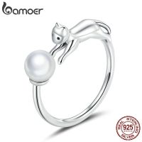 Bamoer Real Silver 925 Rings Cat With Ball Open Finger Rings For Women Shell Pearl Free Size Silver OOTD Jewelry SCR683