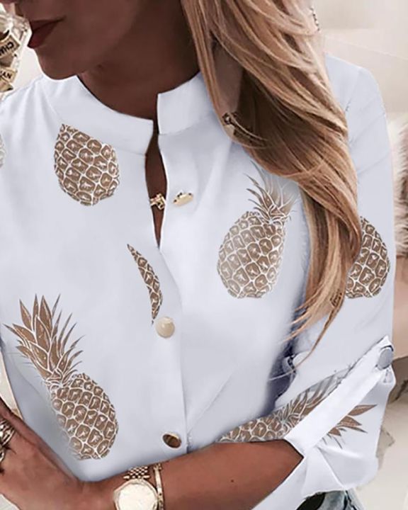 2019-new-crew-neck-sleeve-office-blouse-shirt-outwear-print-buttons-formal-top