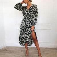 【Ladies shop】 Leopard2019 WomenLong BeachLoose แขนยาวคอวีลึก A Line เซ็กซี่ PartyVestidos De Fiesta