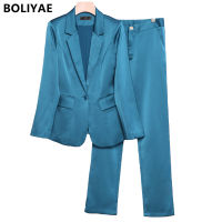 Boliyae Spring Autumn Fashion Blazers for Women Formal Trouser Suits Elegant Office Business Long Sleeve Jacket and Pants Set