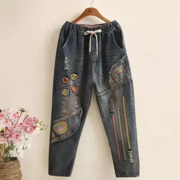 Cheap Spring Retro Patch Embroidery Women Jeans Elastic Waist