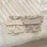 2023 Summer New Baby Navy Collar Plaid Clothes Set Children Short Sleeve Tops Shorts 2pcs Suit For Boys Girls Infant Outfits