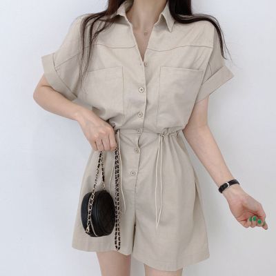 Korean Chic Summer Vintage Single-Breasted Casual All-Matching Drawstring Tight Waist Wide Leg Lapel Jumpsuit Shorts For Women